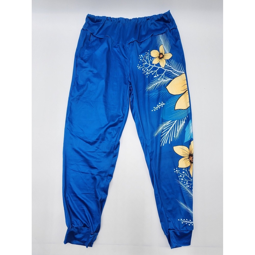 WOMENS FLORAL HAWIIAN 2‎ PIECE OUTFIT BLUE SIZE M PANTS AND CROP TOP